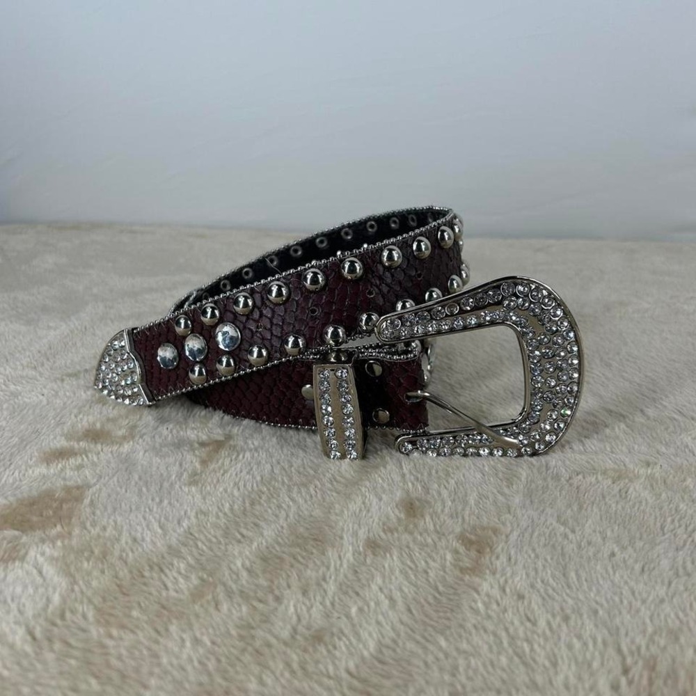 Rhinestone Studded Leather Western Belt Brown Snakeskin